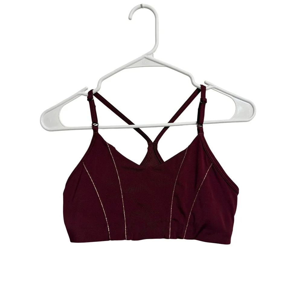 Nike Indy Light Support Sports Bra Burgundy Gold Metallic Piping Womens Small